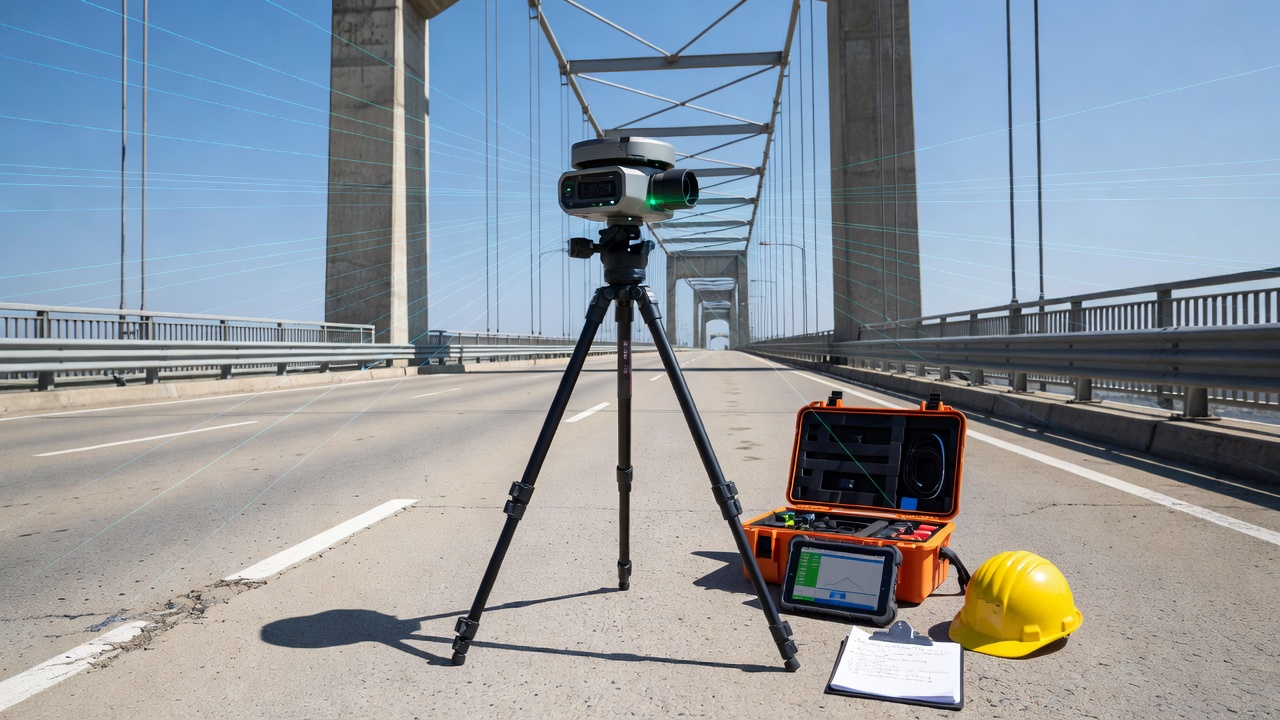 Terrestrial Laser Scanner (TLS) on tripod positioned on concrete bridge deck during daylight infrastructure inspection