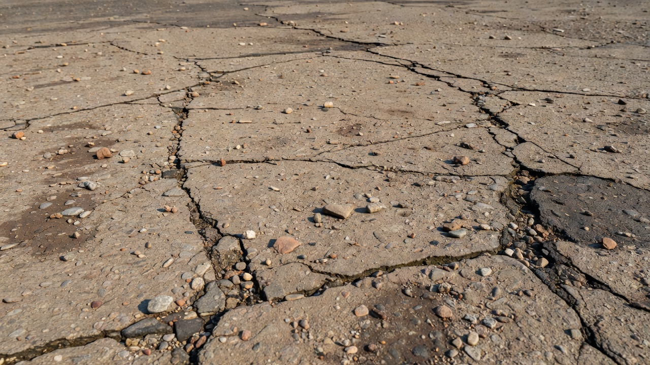 Surface de chaussée asphaltique détériorée montrant un désenrobage et une oxydation avec du gravier meuble et des particules d'agrégats dispersés sur la surface