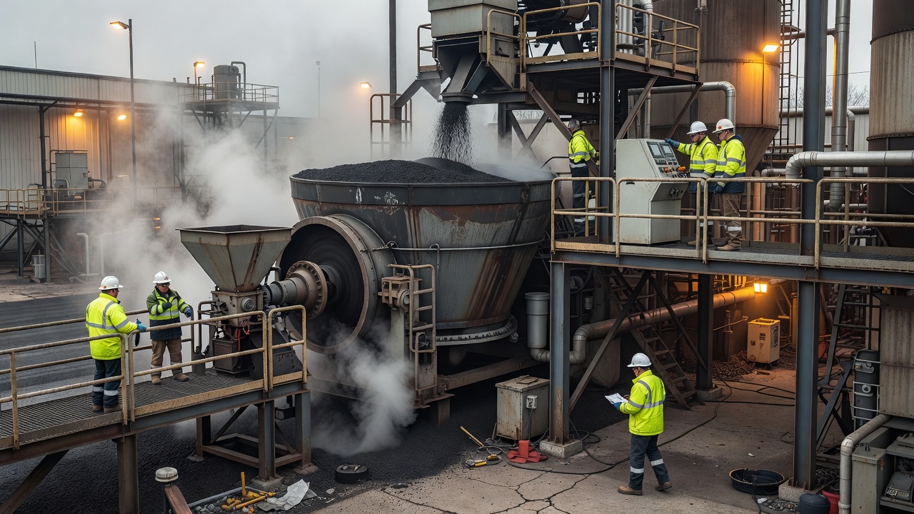 Production d'enrobé bitumineux tiède dans une centrale d'enrobage montrant l'incorporation d'additifs EBT lors du malaxage