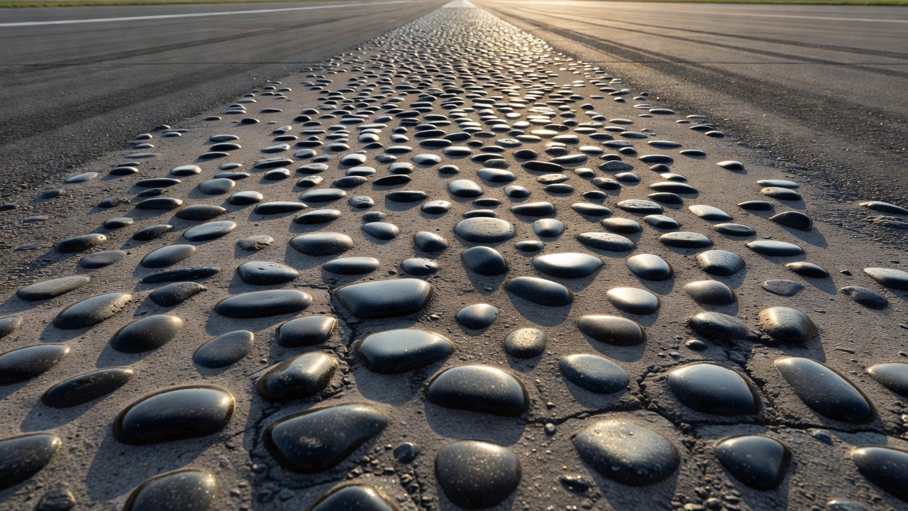 Photographie en gros plan de granulat poli sur une surface de piste d'aéroport montrant des particules de pierre sombres, lisses et brillantes enchâssées dans un enrobé usé avec des surfaces réfléchissantes visibles en lumière naturelle rasante