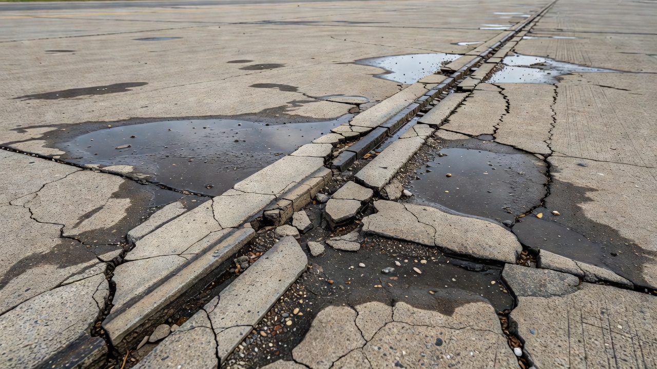 Mastic d'étanchéité détérioré présentant une défaillance adhésive et cohésive avec infiltration de débris dans un joint de chaussée en béton