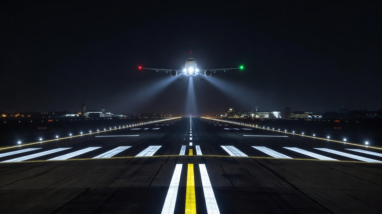 Piste d'aéroport de nuit avec marquages de chaussée rétroréfléchissants illuminés par les feux d'approche d'un aéronef