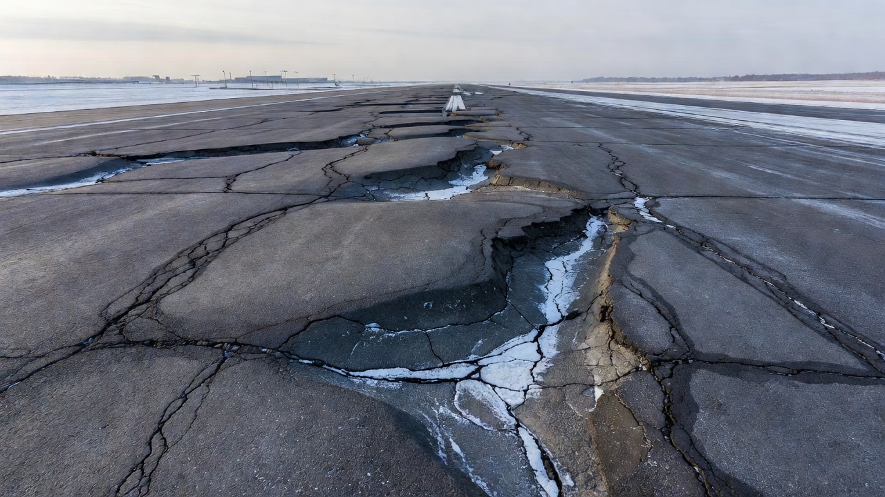 Dommages de soulèvement dû au gel sur une piste d'aéroport montrant une surface asphaltée irrégulièrement soulevée avec des fissures transversales