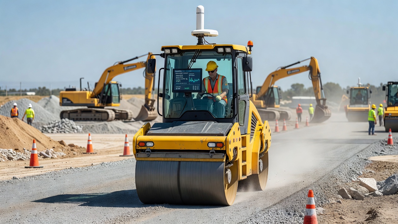 Vibrační válec Inteligentního zhutňování s GPS anténou při práci na silničním stavebním projektu