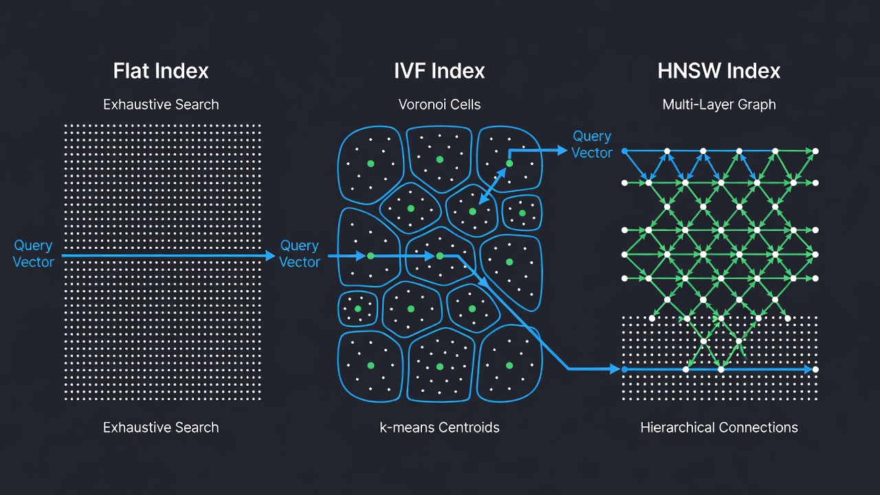 Comparison of FAISS index types showing Flat exhaustive search, IVF Voronoi cell partitioning, and HNSW multi-layer graph structure