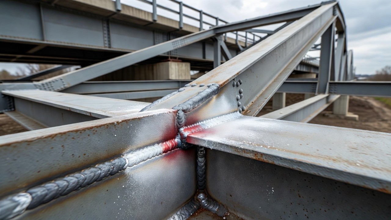 Inspection de soudure de pont en acier par ressuage montrant une indication de pénétrant rouge visible sur le cordon de soudure sur fond de révélateur blanc sur un raccordement de poutre en acier