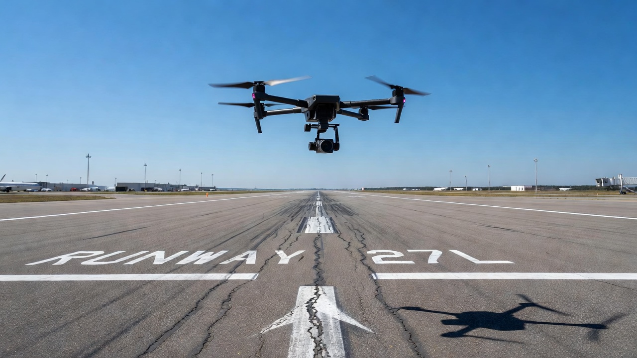 Relevé d'inspection aérienne de chaussée par drone avec caméra capturant la surface de piste pour la mesure des fissures