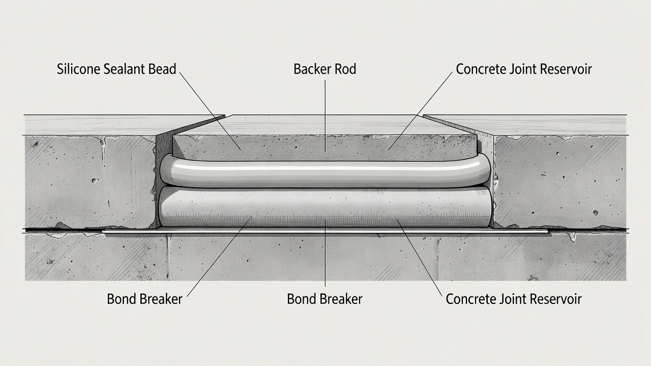 Diagramme en coupe d'un joint de chaussée en béton correctement scellé montrant le mastic silicone, le cordon de fond de joint, le brise-joint et le réservoir du joint