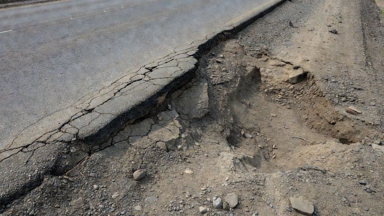 Condition de dénivelé d'accotement routier montrant la différence d'élévation entre le bord de la chaussée en enrobé bitumineux et l'accotement en gravier érodé, illustrant une défaillance du soutien latéral