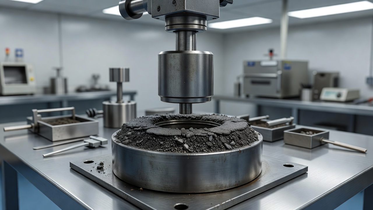 Appareil de compactage Marshall dans un laboratoire d'enrobé montrant la masse coulissante lestée et l'ensemble du moule de compactage