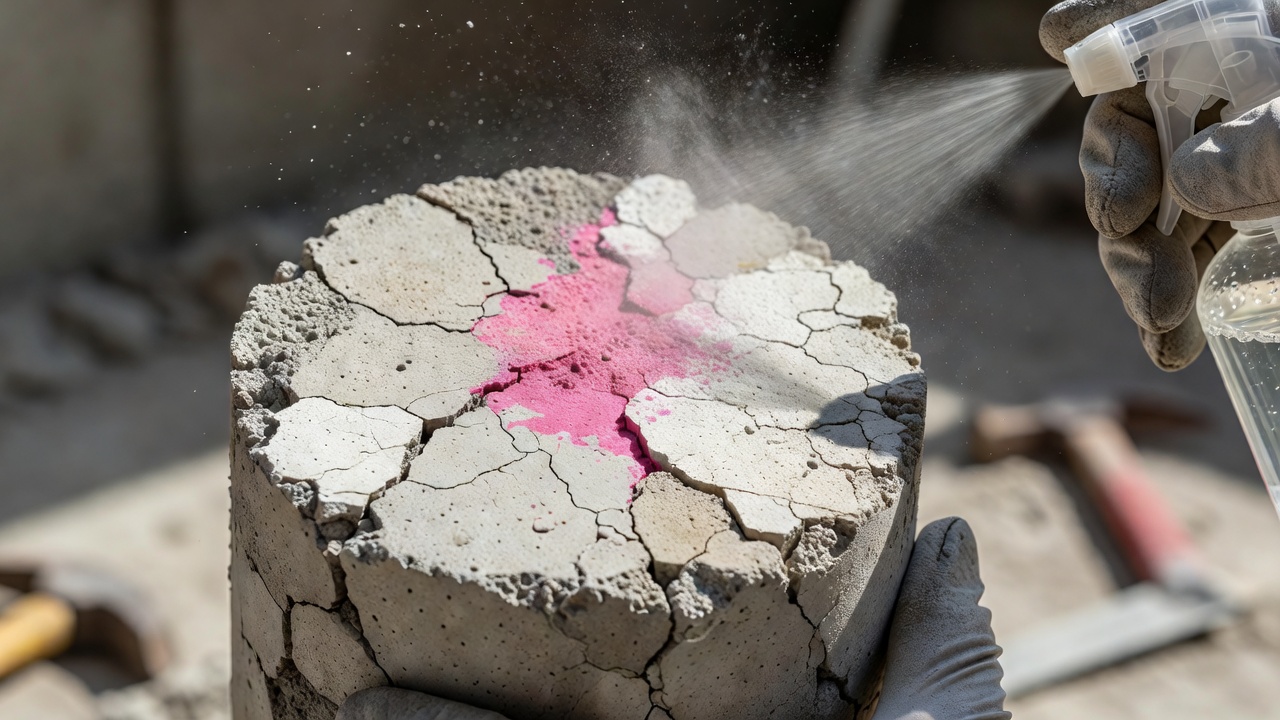 Carotte de béton pulvérisée à la phénolphtaléine montrant une zone non carbonatée rose et une zone carbonatée incolore