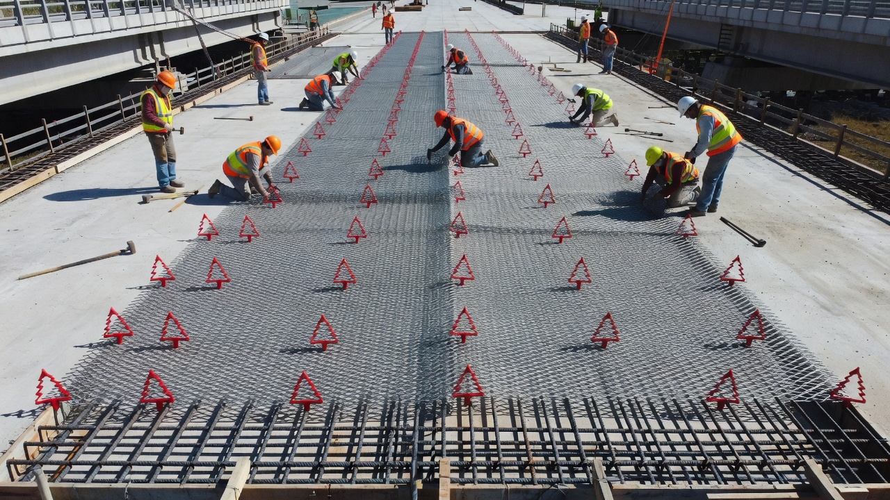 Ouvriers installant un treillis d'anode en titane MMO sur un tablier de pont avec des attaches en plastique fixant le treillis