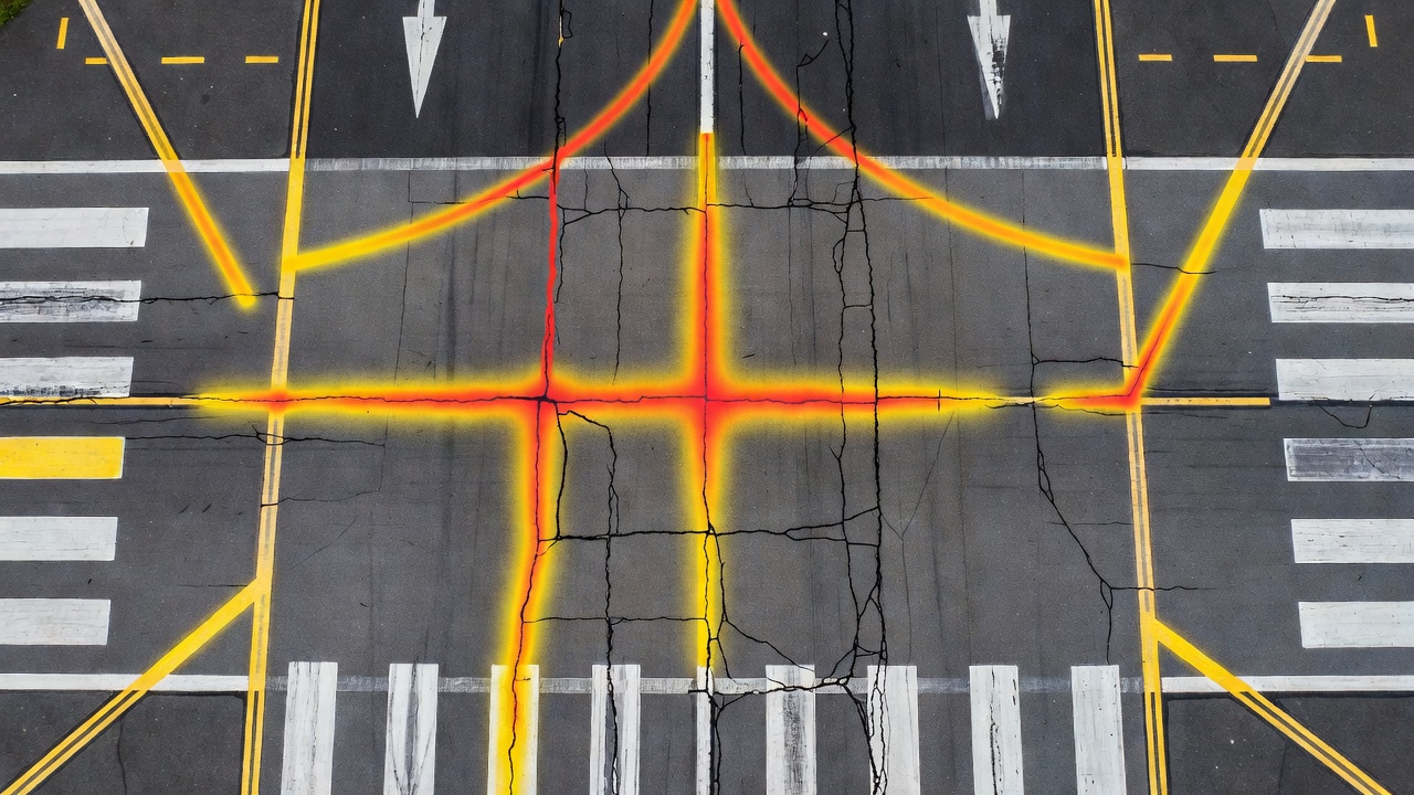 Aerial drone photograph of airport runway asphalt pavement surface with overlay showing pixel-level semantic segmentation heatmap classifying cracks, surface, and markings