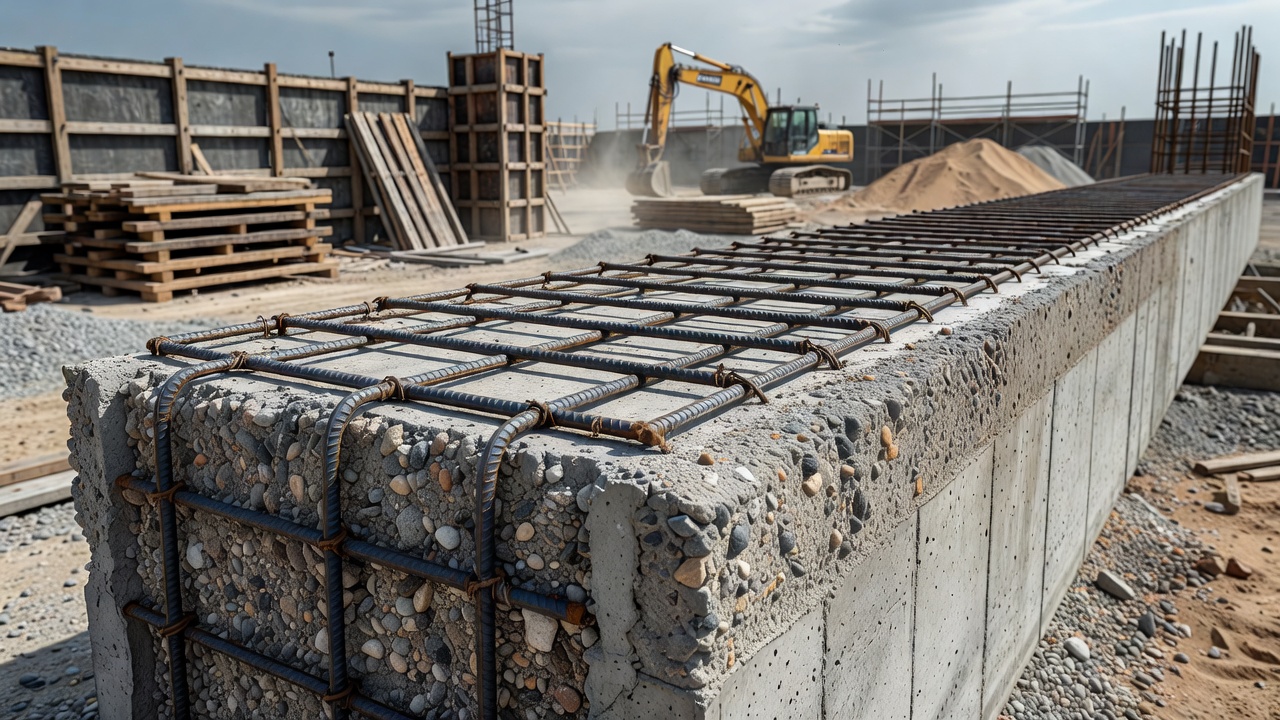 Coupe transversale d'une poutre en béton armé montrant les armatures en acier et la couche de béton d'enrobage protectrice