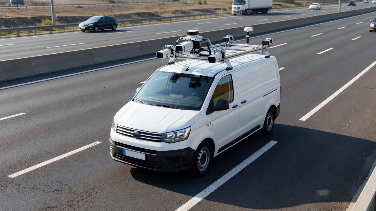 Véhicule de relevé routier avec caméras sur le toit collectant des images de chaussée pour l'inspection automatisée de la note de qualité et l'évaluation de l'état