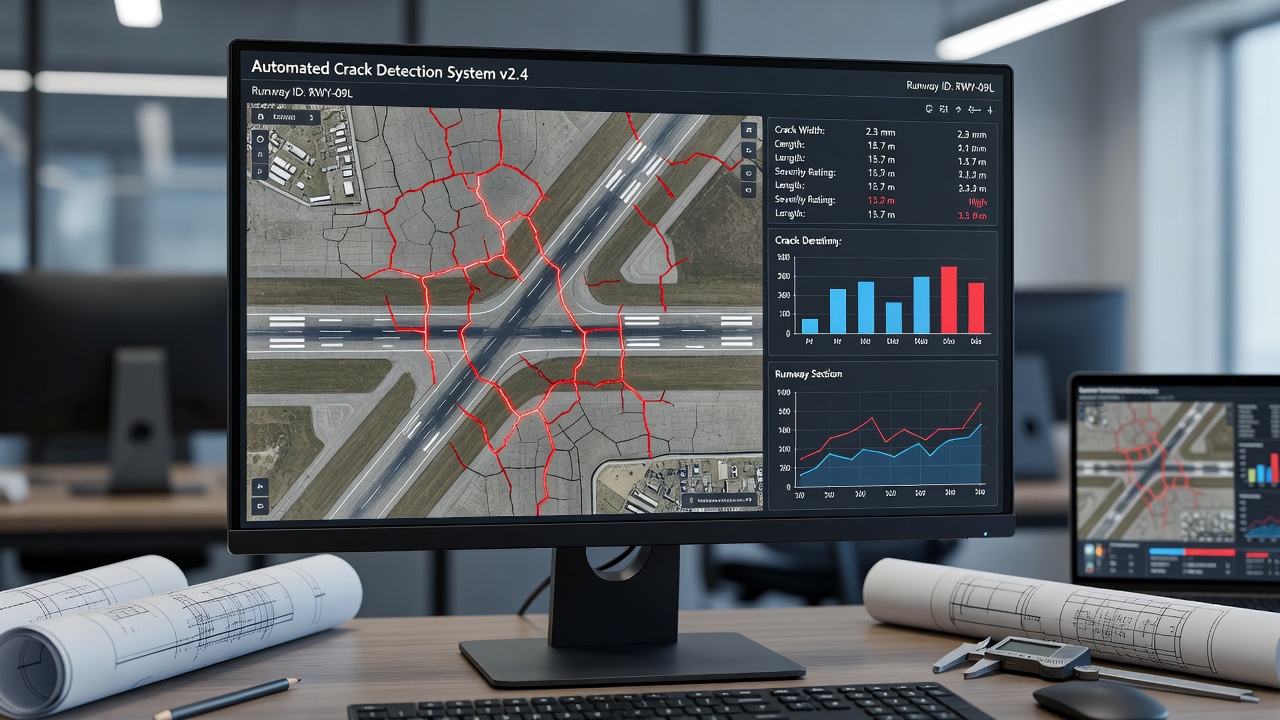 Panel de análisis de inspección con drones de TarmacView que muestra superposición automatizada de detección de grietas en ortomosaico de pista