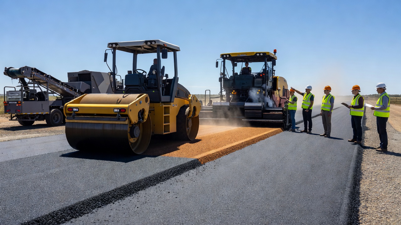 Construction de chaussée durable avec des matériaux recyclés compactés par de lourds rouleaux, production d'enrobé tiède montrant des émissions réduites