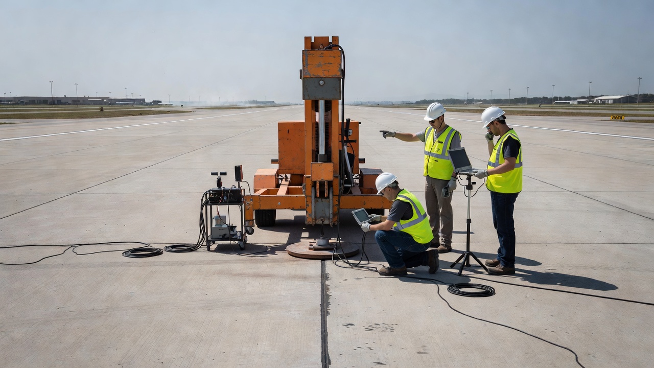 Essai au déflectomètre à masse tombante (FWD) sur une piste en béton aéroportuaire mesurant l'efficacité du transfert de charge à travers les joints transversaux