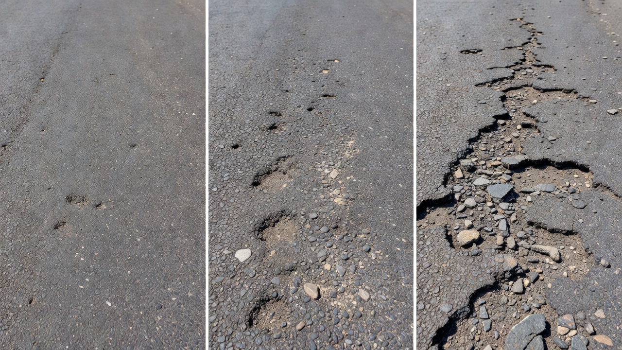 Surface de piste d'aéroport avec dommages de désagrégation et débris de granulats détachés présentant un risque de FOD pour les opérations aériennes