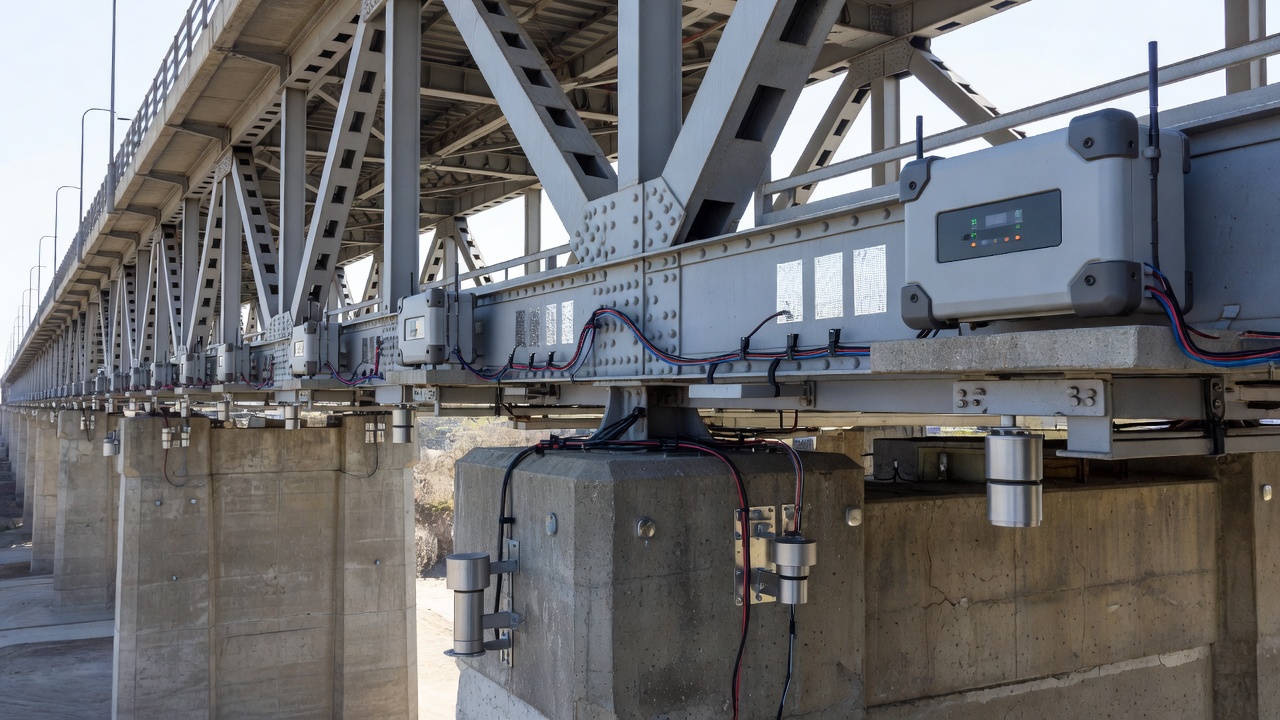 Système de surveillance de la santé structurelle d'un pont avec capteurs installés sur des éléments structuraux en béton et en acier