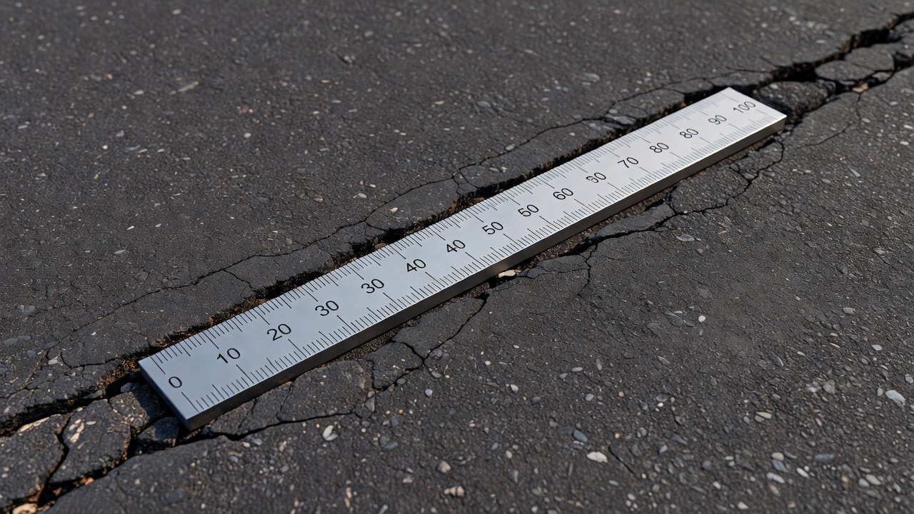 Barre d'échelle pour inspection de chaussée placée sur une surface de piste en asphalte pour l'étalonnage pixel-métrique
