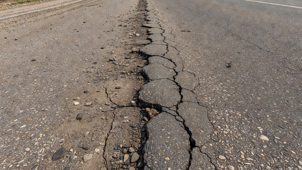 Vue rapprochée de la fissuration en bordure sur une chaussée routière en enrobé bitumineux montrant des fissures en forme de croissant parallèles à l'accotement non revêtu dans la zone de bordure de 0,6 m