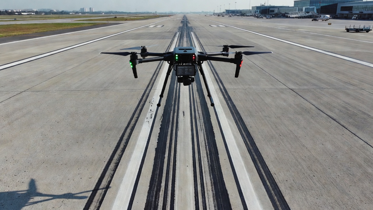 Dron provádějící leteckou inspekci drážek na povrchu letištní dráhy, zachycující vysoce detailní data pro hodnocení stavu drážek