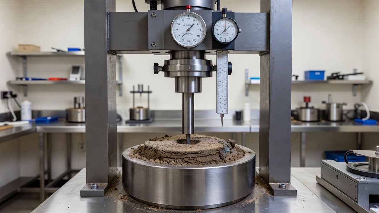 California Bearing Ratio CBR test apparatus with cylindrical soil mold, penetration piston, proving ring, and dial gauges in laboratory setting