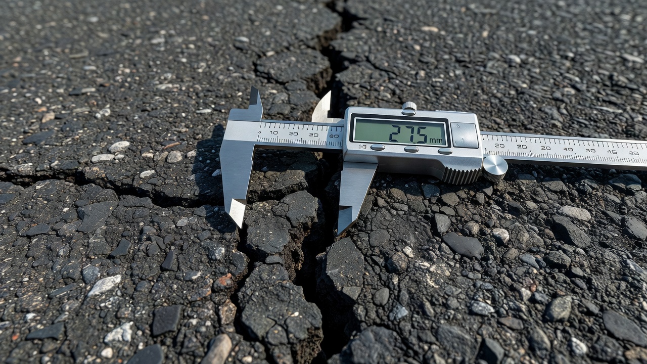 Mesure en gros plan de la largeur d'une fissure de chaussée avec un pied à coulisse numérique et une échelle millimétrique pour la vérification de l'étalonnage