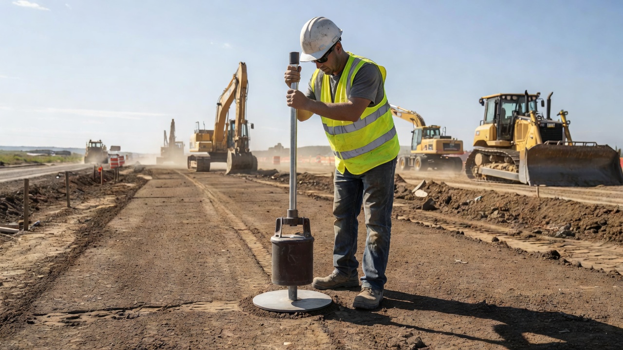 Ouvrier de construction utilisant un Déflectomètre Léger (LWD) sur une plate-forme en sol compacté sur un chantier de construction routière