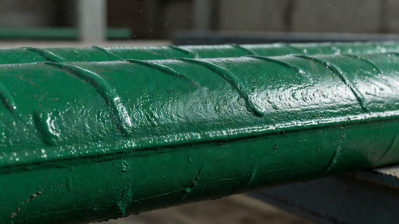 Macro primer plano de la superficie de varilla recubierta con epoxi verde que muestra el recubrimiento texturizado de epoxi fusionado por calor