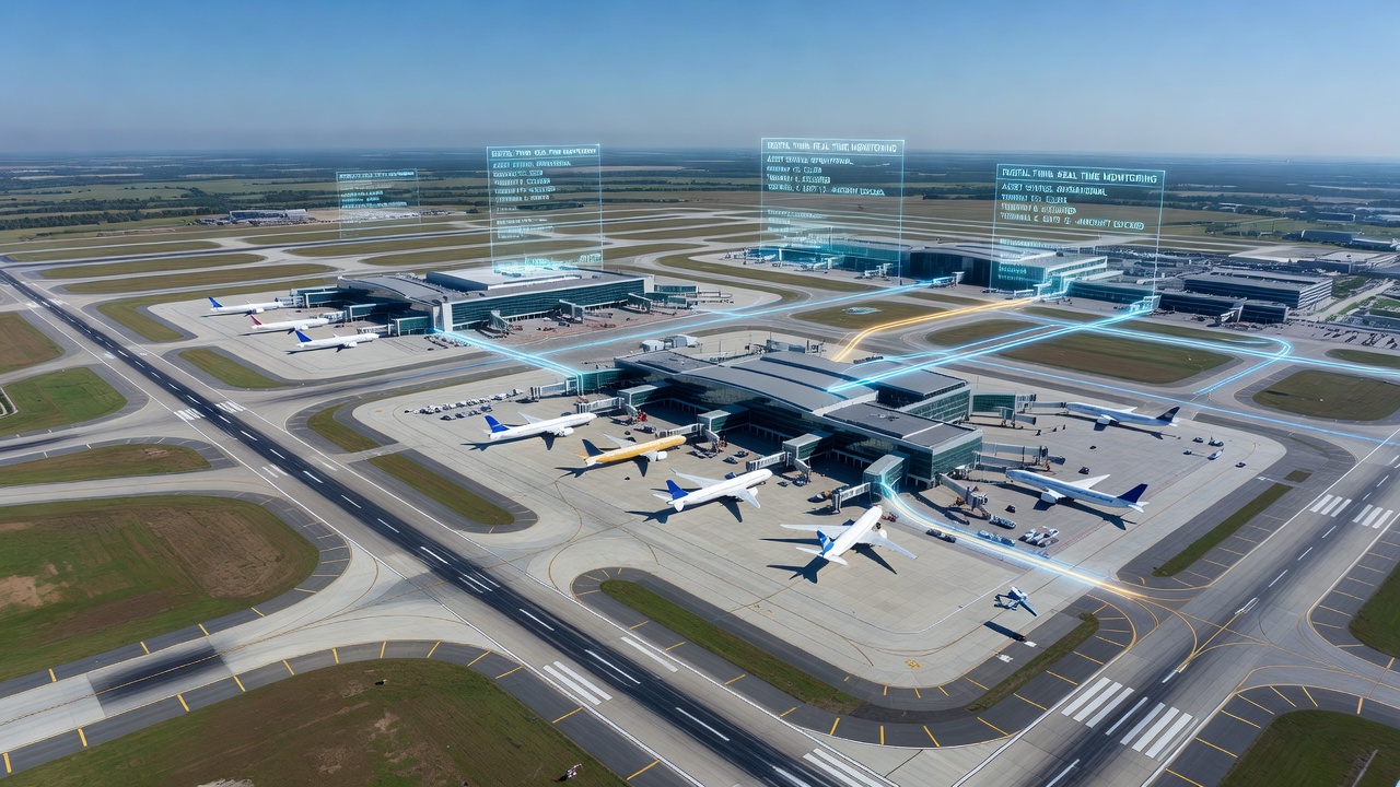 Photographie aérienne d'un grand aéroport international avec des éléments de superposition numérique et des graphiques de visualisation de données représentant la technologie de jumeau numérique surveillant les actifs d'infrastructure en temps réel