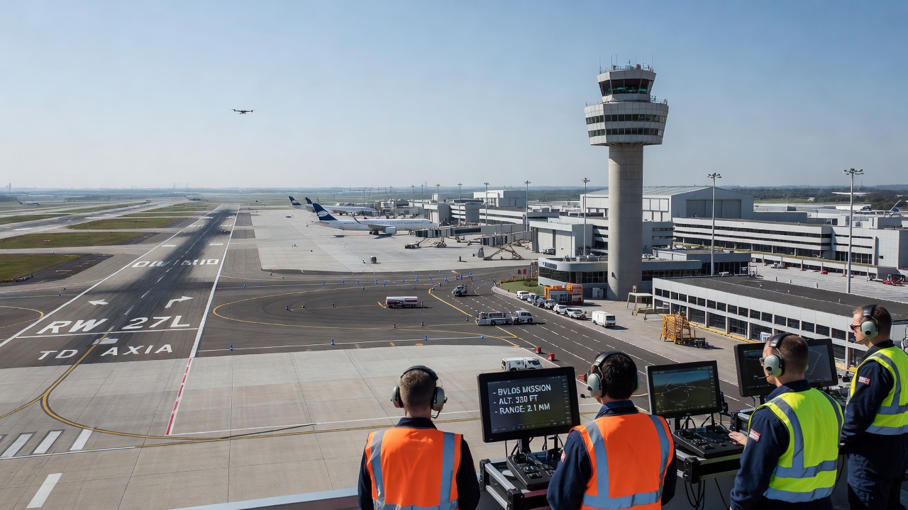 Operación BVLOS de drone en un aeropuerto grande con torre de control al fondo y drone volando sobre la pista