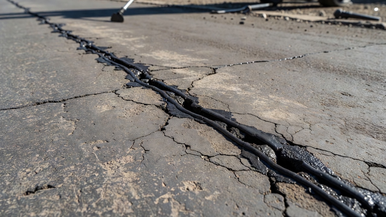 Scellement de fissures d'entretien sur une fissuration en blocs d'asphalte montrant le produit de scellement remplissant une fissure large
