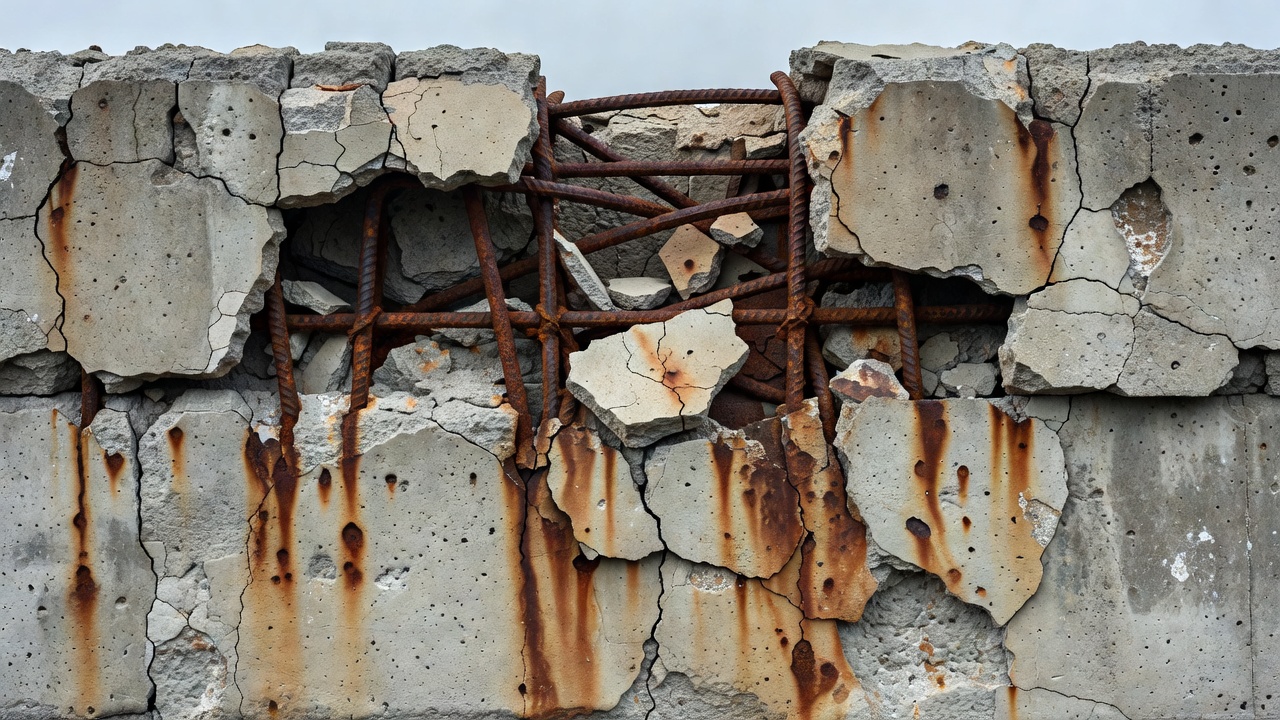 Dommages de corrosion sur un tablier de pont en béton armé montrant des armatures corrodées exposées et un éclatement du béton