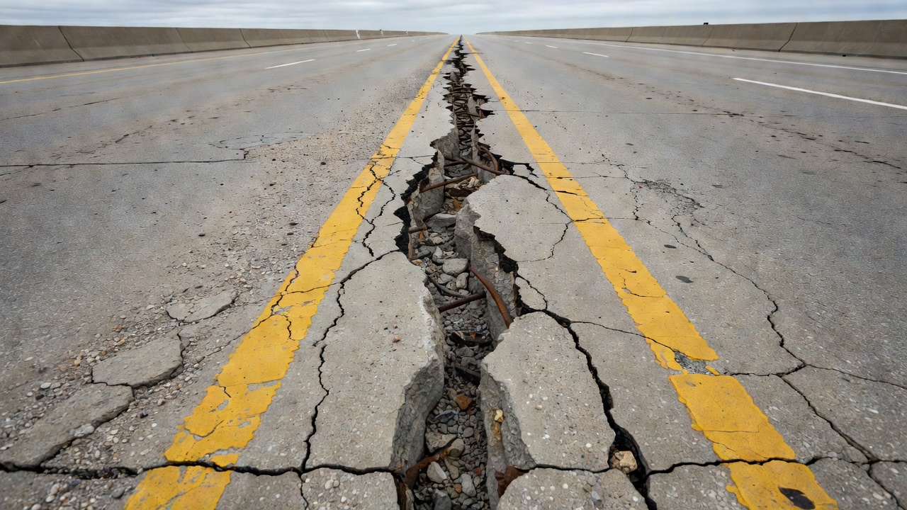 Large séparation de joint longitudinal entre deux voies de chaussée en béton causée par une défaillance de barre d'attache, montrant un espace visible et une surface de chaussée détériorée