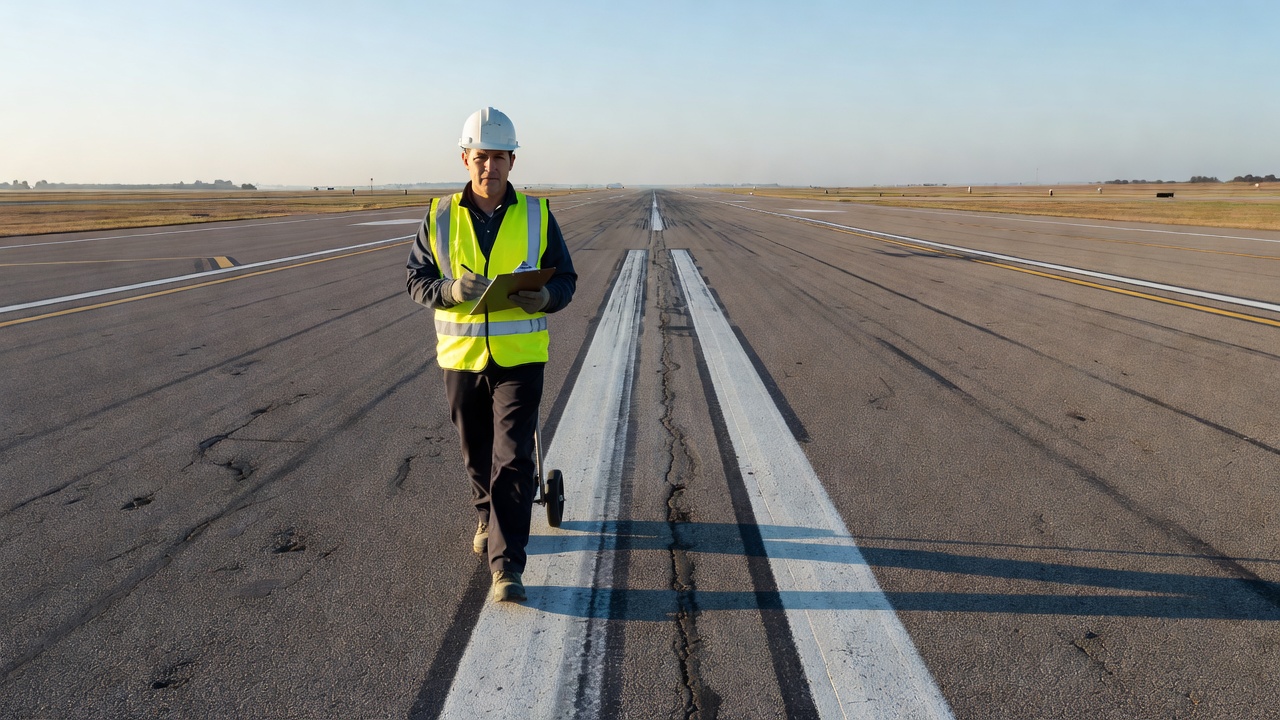 Ingénieur en gilet haute visibilité effectuant un relevé de l'état des chaussées sur une piste d'aéroport avec un bloc-notes