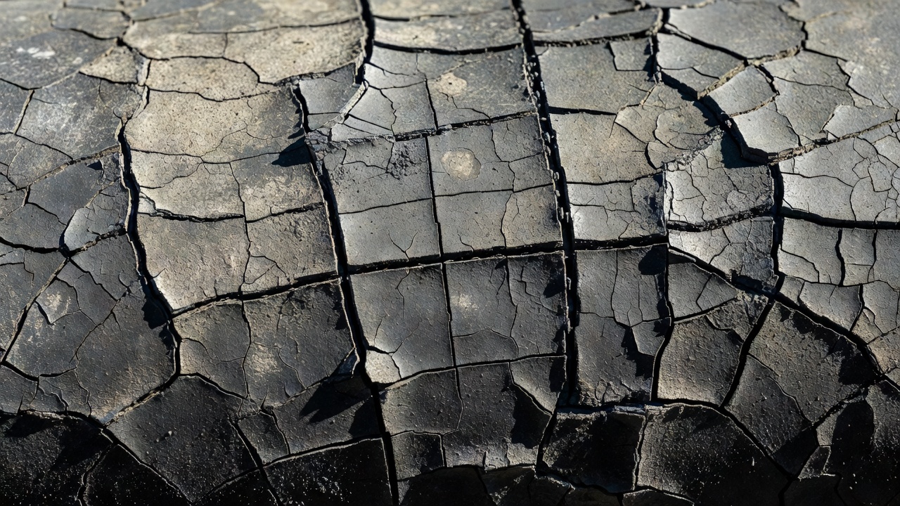 Photographie macro en gros plan extrême d'un matériau en caoutchouc néoprène détérioré montrant des fissures superficielles, des lignes de fissuration par l'ozone perpendiculaires à la direction de la contrainte et une surface de caoutchouc vieilli rigidifiée
