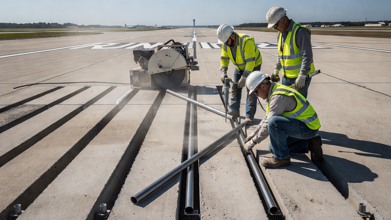 Construction de retrofit de goujons montrant la découpe de saignées et la mise en place de goujons dans une chaussée en béton existante dans un aéroport
