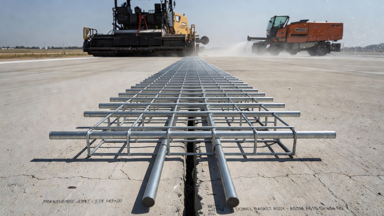 Goujons en acier positionnés dans un assemblage de panier à travers un joint transversal de chaussée en béton sur un chantier de construction de piste aéroportuaire