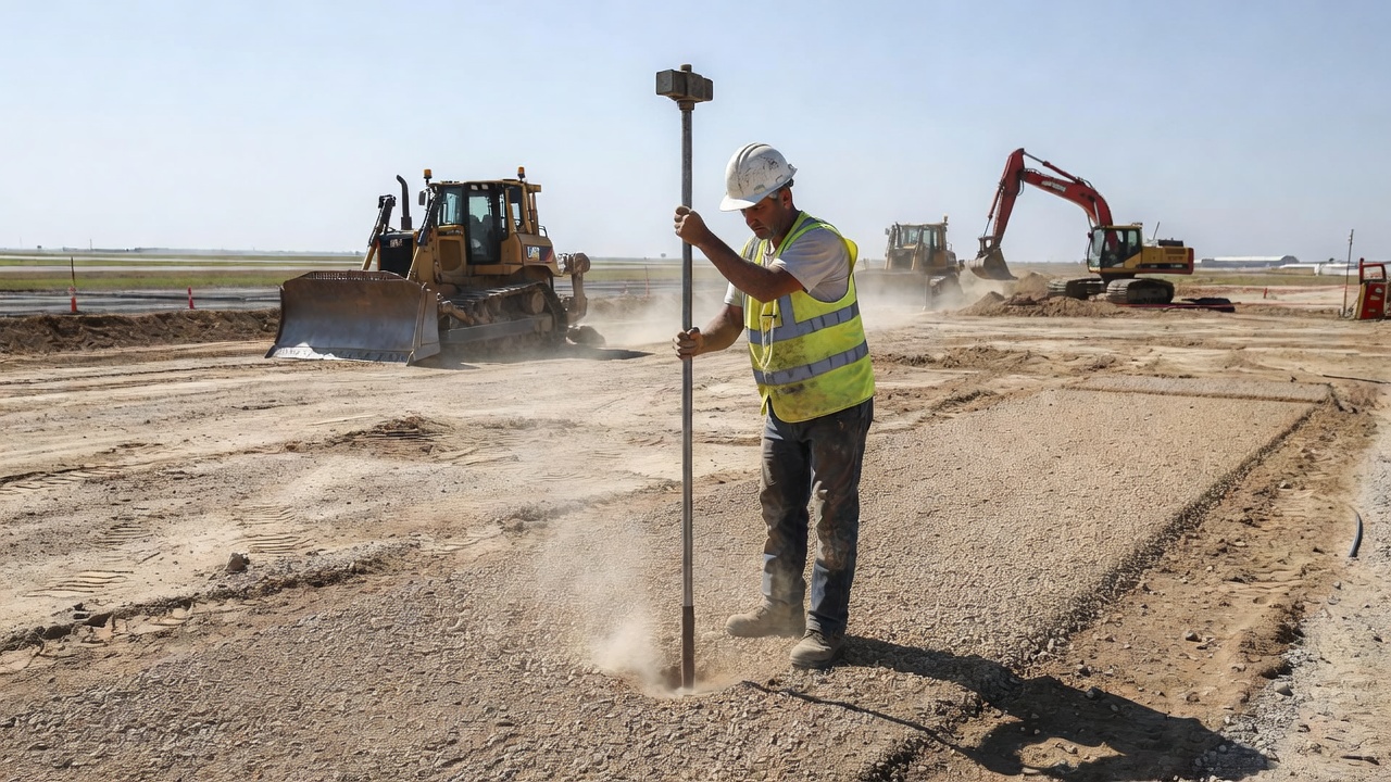 Dynamic Cone Penetrometer DCP field testing on airport construction subgrade with engineering technician and earthmoving equipment in background