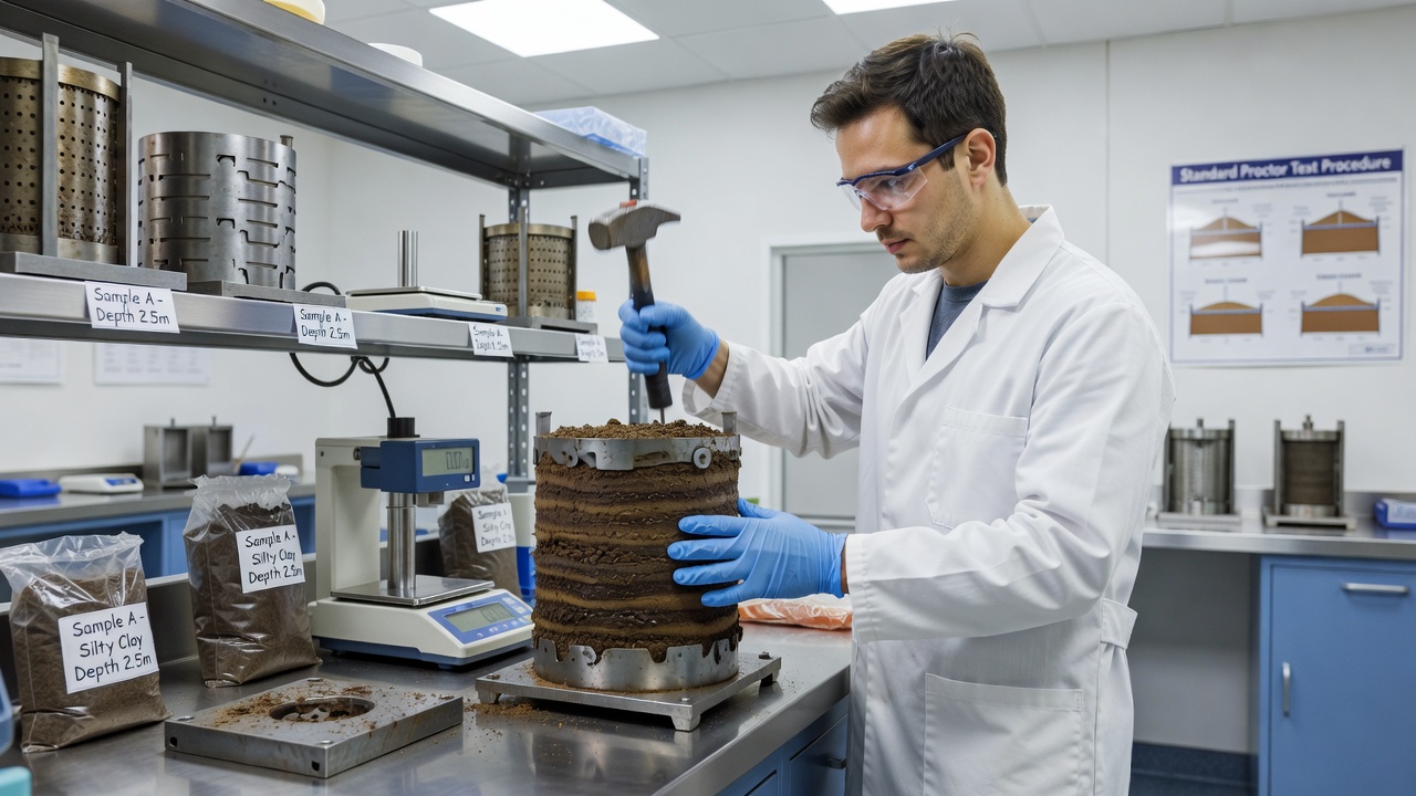 Technicien de laboratoire préparant un échantillon Proctor pour la confection d'une éprouvette de module de résilience