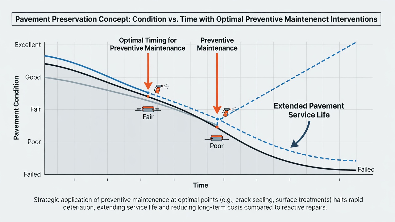 Pavement condition versus time curve diagram showing preventive maintenance interventions applied at optimal timing points extending pavement service life
