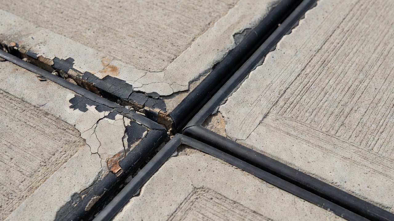 Comparaison avant et après d'un joint de chaussée en béton — côté gauche montre un mastic défaillant détérioré avec intrusion de débris, côté droit montre un joint de compression préformé en néoprène noir correctement installé au ras de la surface