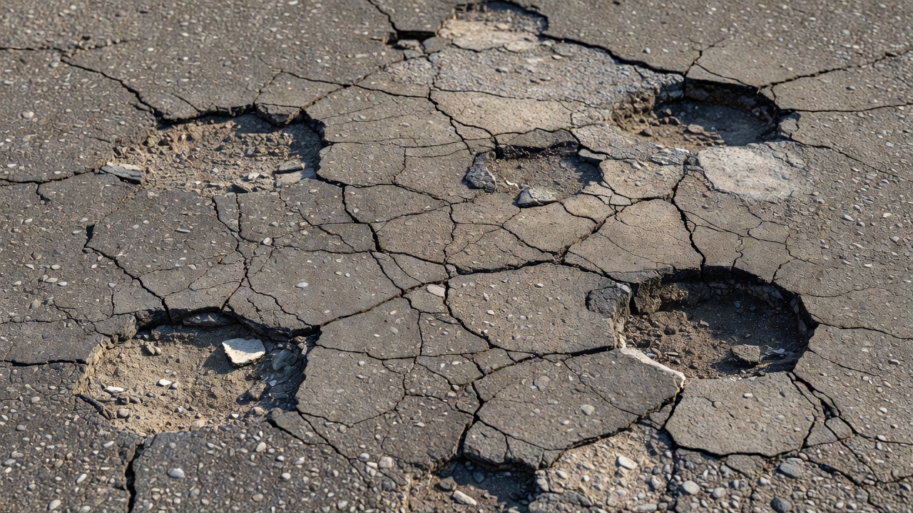 Gros plan d'un revêtement bitumineux endommagé montrant le désenrobage, la fissuration et la détérioration de surface causés par la ségrégation thermique