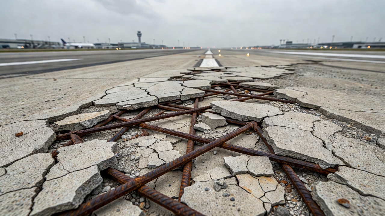 Gros plan de la surface d'une piste en béton montrant un éclatement dû à la corrosion avec armature rouillée exposée