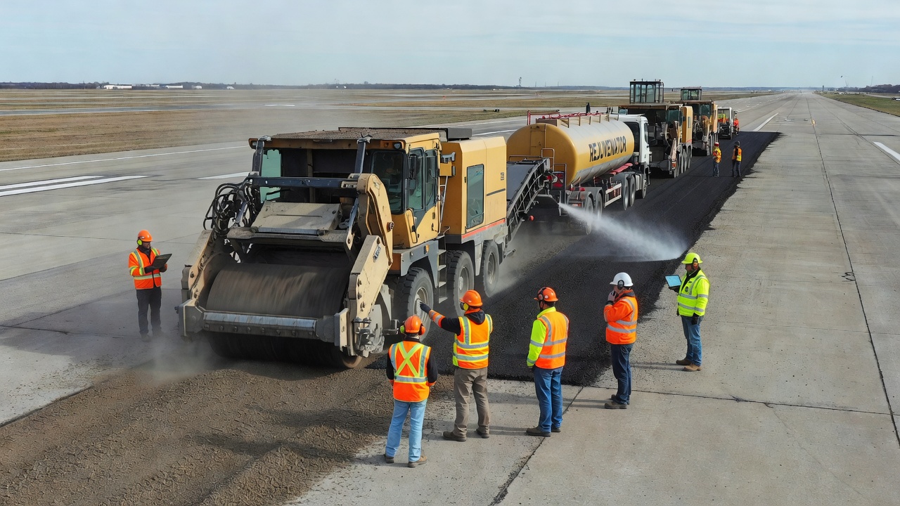Train de recyclage à froid en place sur piste d'aéroport montrant une fraiseuse, un camion-citerne de régénérant et une équipe de construction effectuant une réhabilitation durable de chaussée