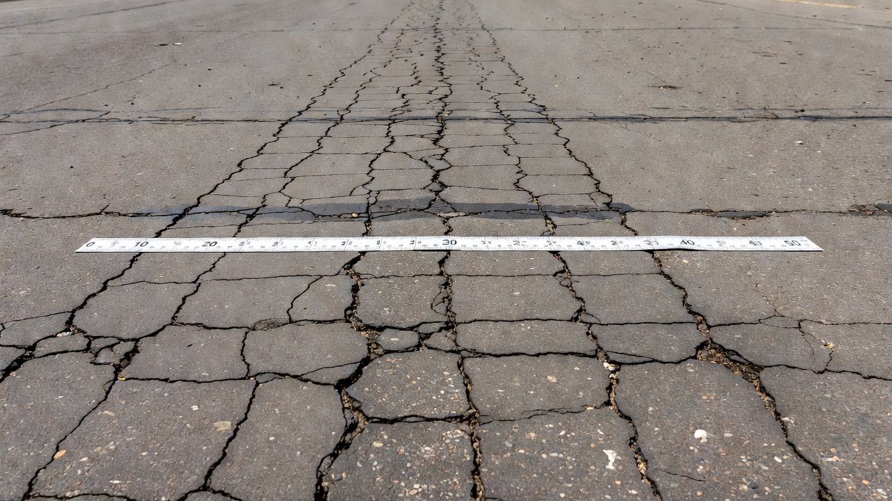 Blockrisse und Querrisse auf einer Asphaltfahrbahnoberfläche mit sichtbarem Messmaßstab für die Rissbreitenklassifikation
