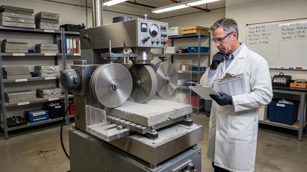 Appareil d'essai de résistance à l'abrasion ASTM C779 avec disques d'acier rotatifs sur éprouvette de béton en laboratoire