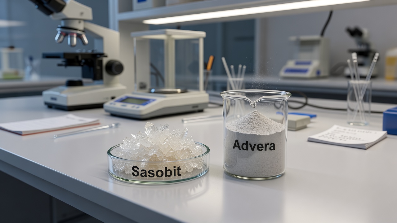 Vue en laboratoire d'additifs EBT incluant la cire cristalline Sasobit et la poudre de zéolite Advera dans des récipients en verre